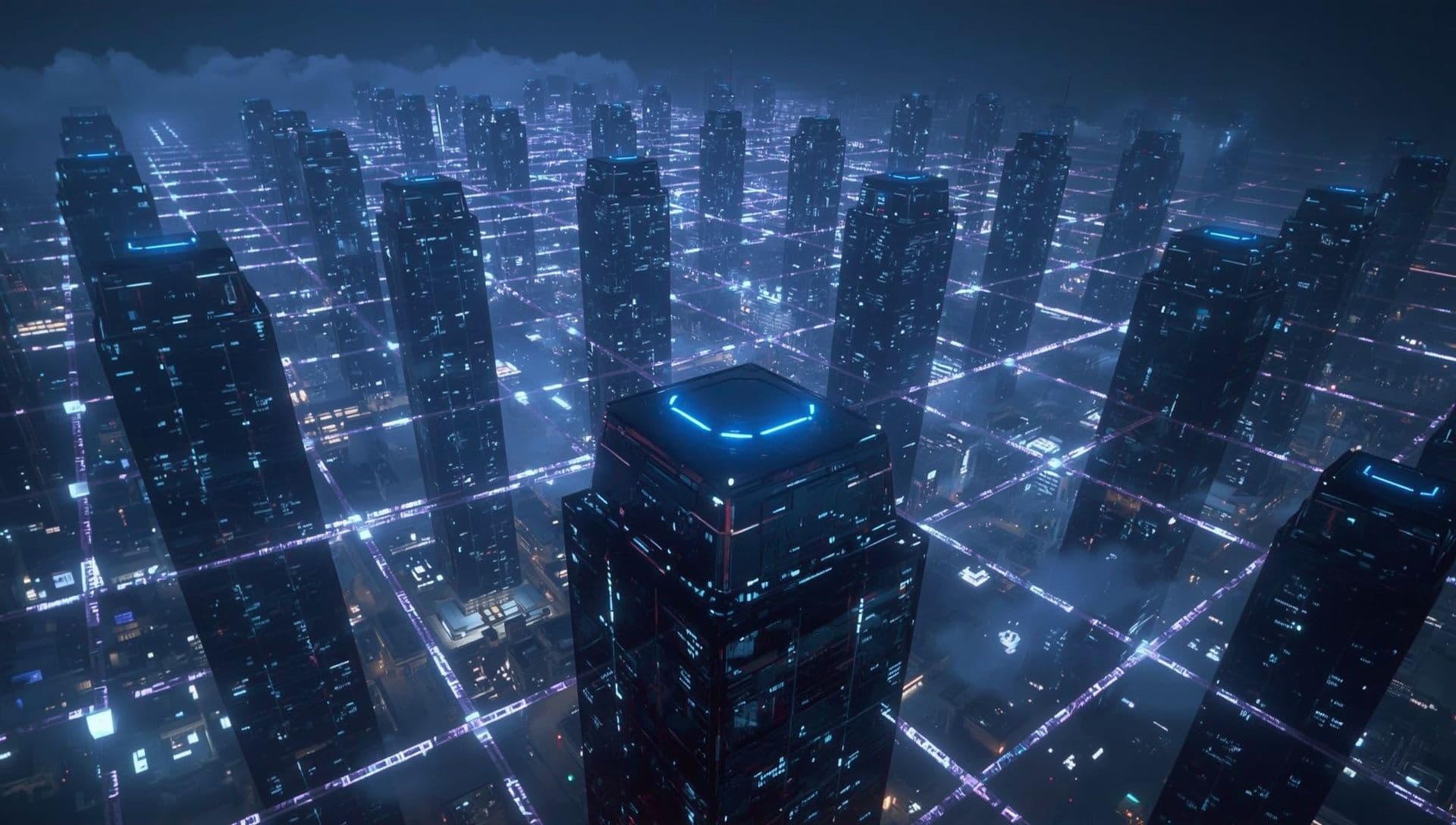 Futuristic decentralized megacity at twilight with no people or vehicles in sight, geometric hexagonal and cubic skyscrapers floating in formation, interconnected by luminous neon blue and violet data streams forming a vast network grid