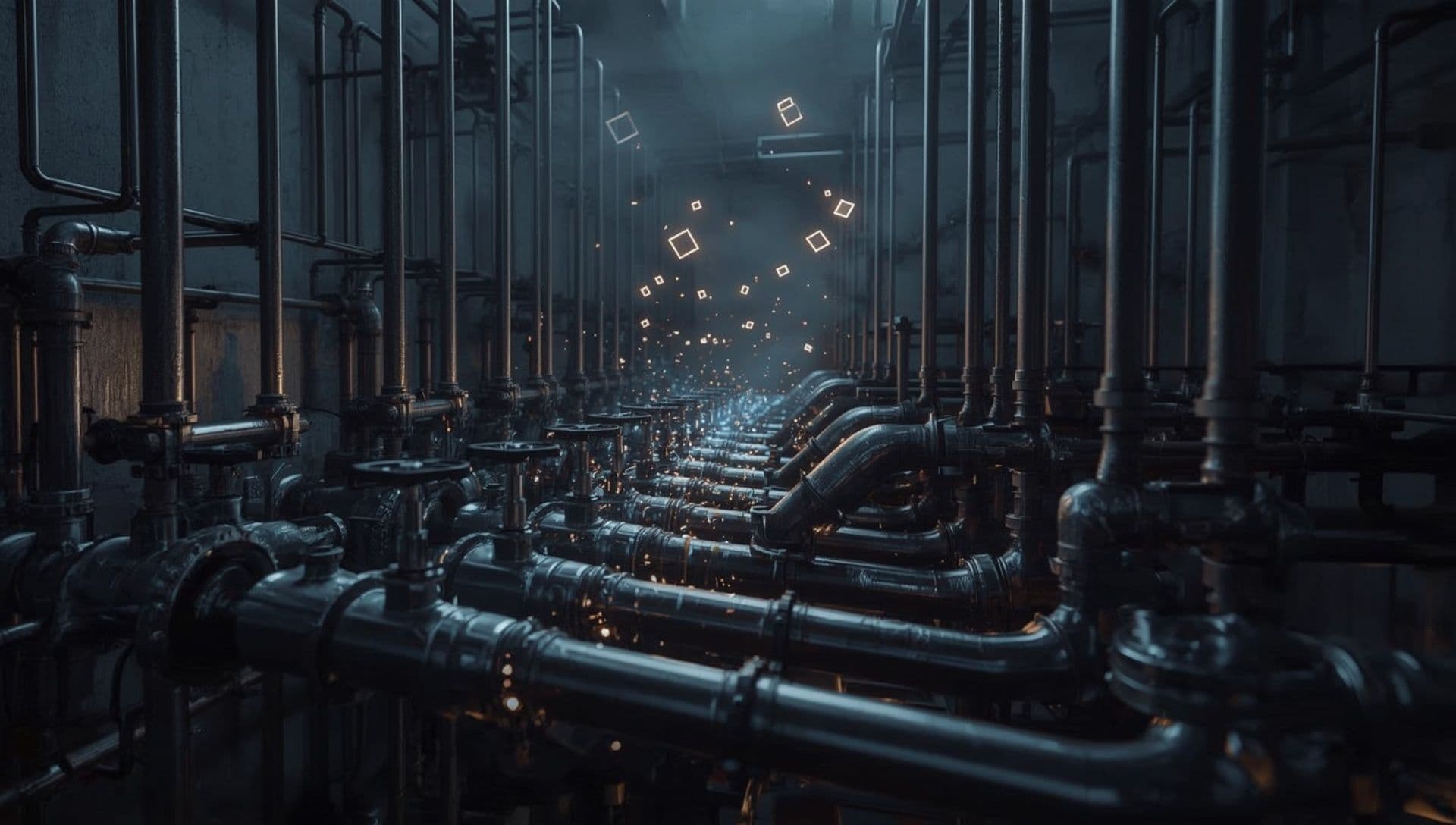 A network of sleek industrial pipes, valves and conduits rendered in brushed steel and concrete, with glowing streams of blue and gold light flowing through them like liquid currency. Above the pipework, faint translucent neon cubes and chain links dissolve into mist, suggesting a collapsed promise fading away. Clean minimalist composition, muted palette of slate grey, deep navy and warm gold accents. Soft cinematic side lighting, shallow depth of field, fine detail, sophisticated modern fintech magazine aesthetic, restrained and intelligent.