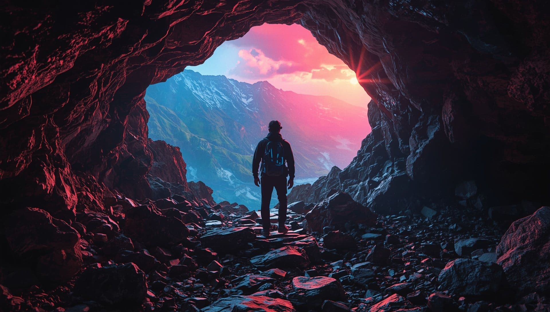 adventurer wandering out of a cave with back to viewer looking over