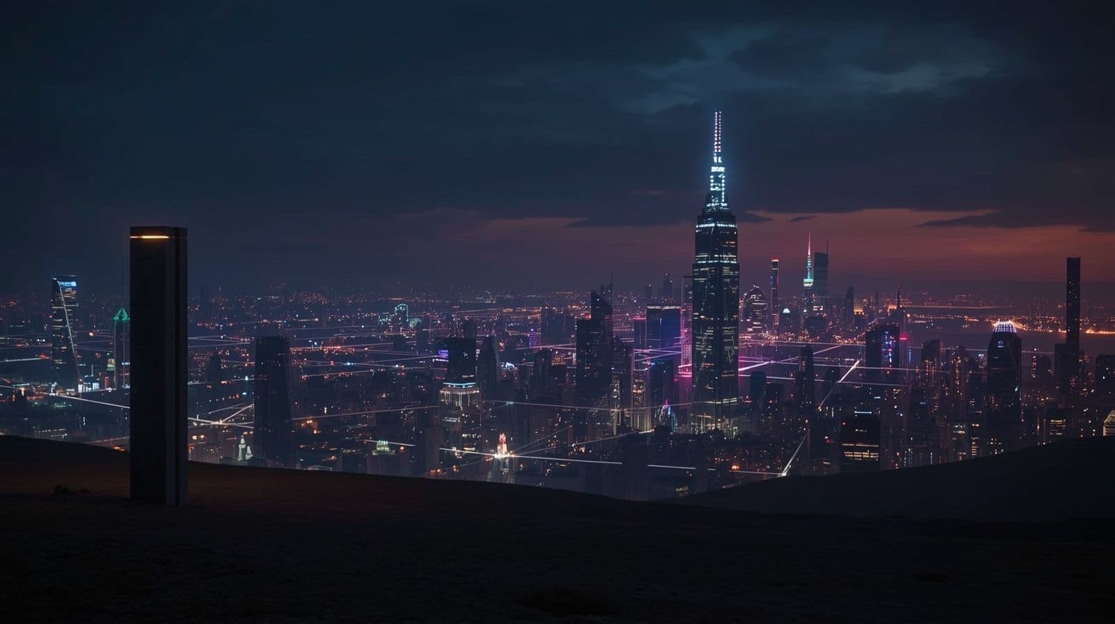 paul simroth; from EOAs to smart accounts, article banner with a lone tower before a futuristic connected city at twilight