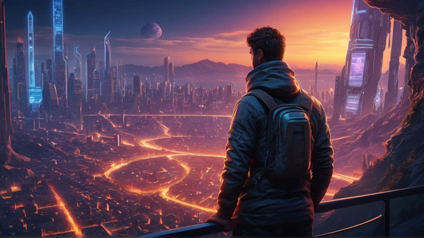 Adventurer looking over a futuristic city