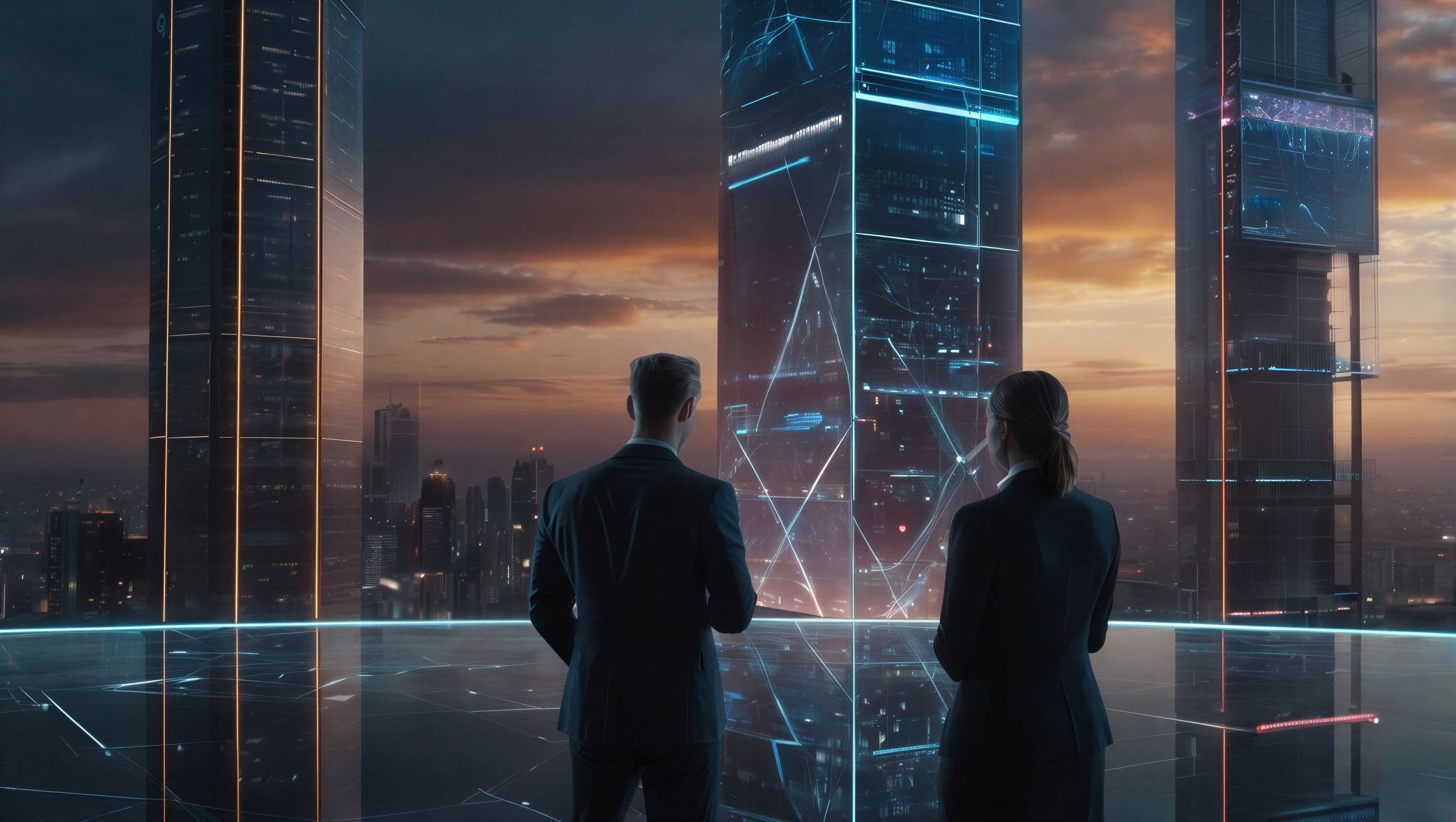 blockchain in enterprise settings article banner; a team of executives looking over a futuristic city